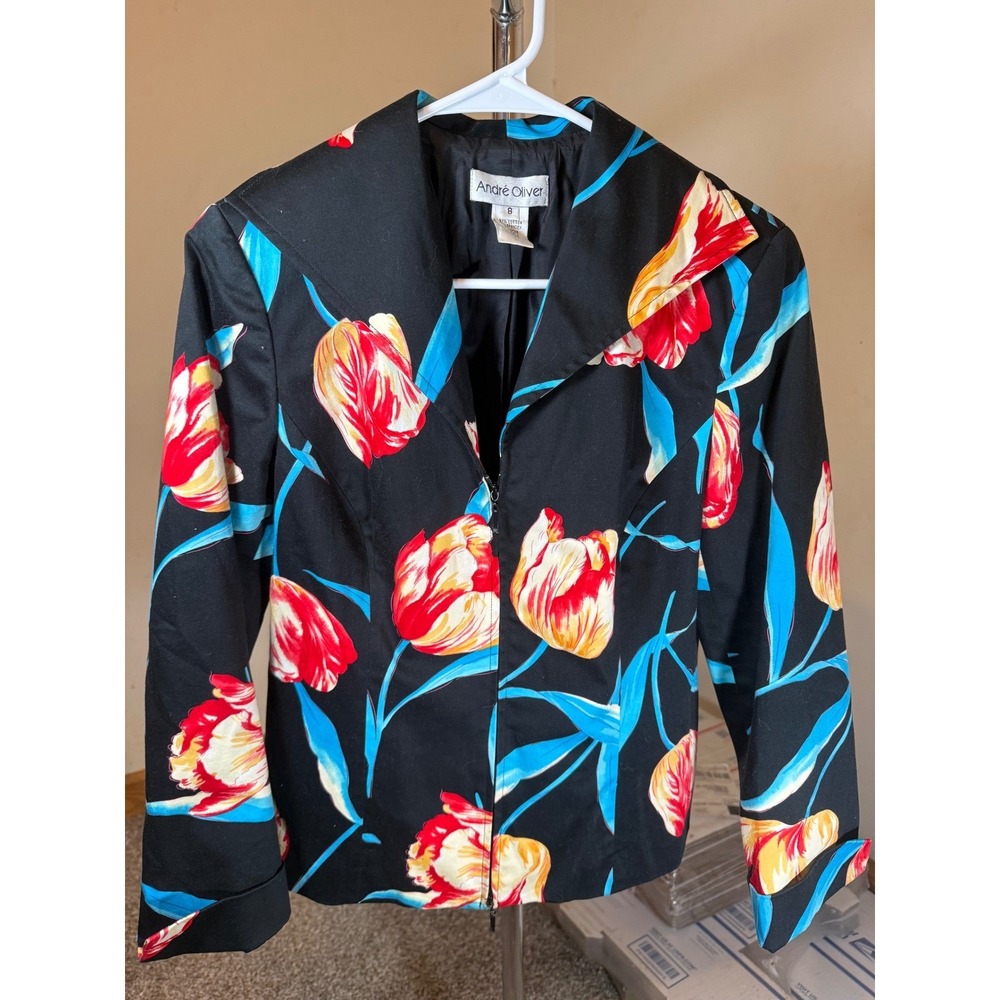 Andre Oliver Black Floral Tulip Blazer Jacket Women's Size 8 Zip Front